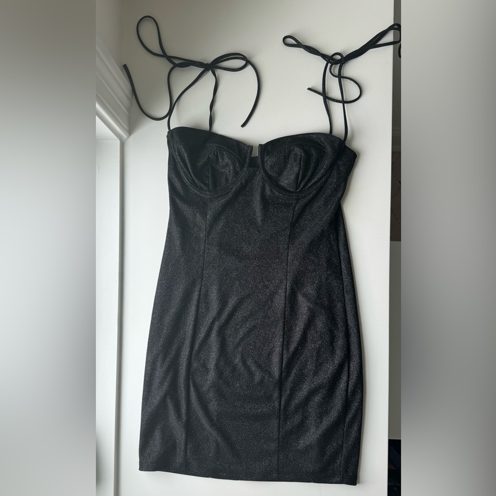 Lucy in the Sky sparkly black mini dress. Tie ribbon sleeve. Size S. Never worn.